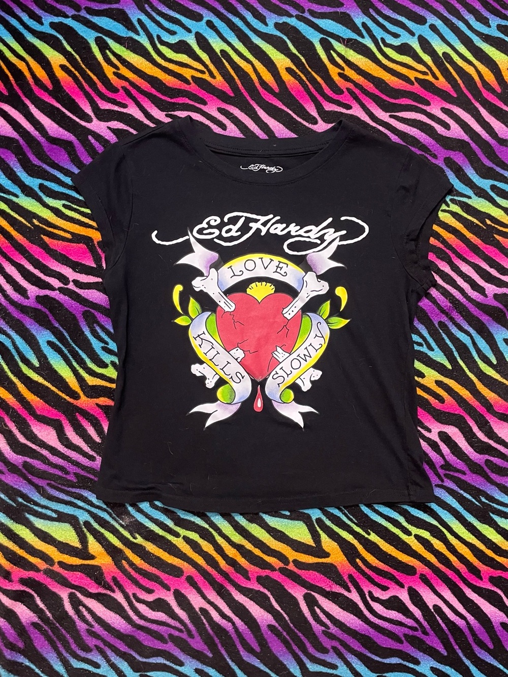 Ed Hardy Cropped Black Tee with Red Heart